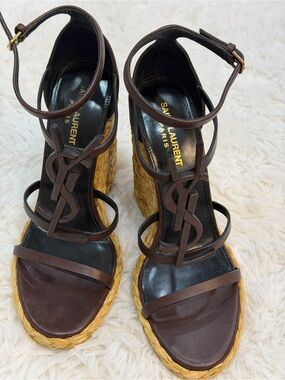 Saint Laurent Brown Leather Espadrille Wedge Sandals with YSL Motif
